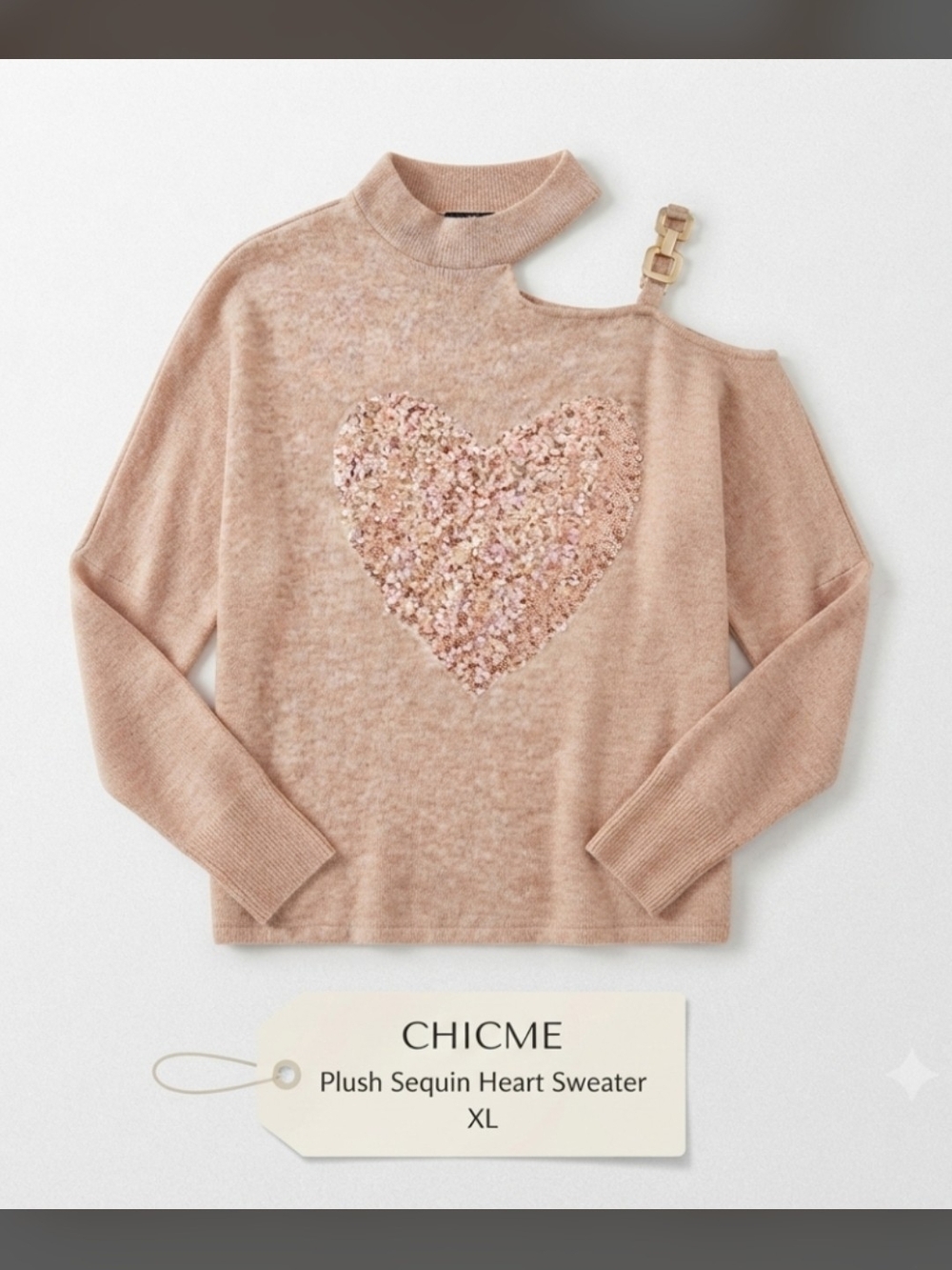 ChicMe Beaded Sequin Heart Cold Shoulder Knit Sweater M9